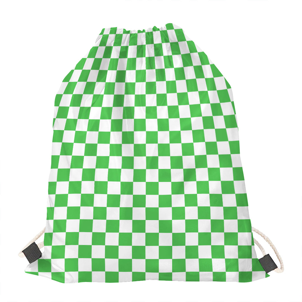 White And Green Checkered Print Drawstring Bag