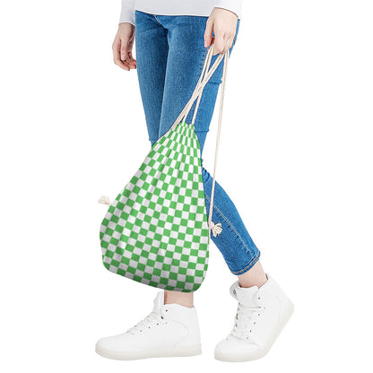 White And Green Checkered Print Drawstring Bag