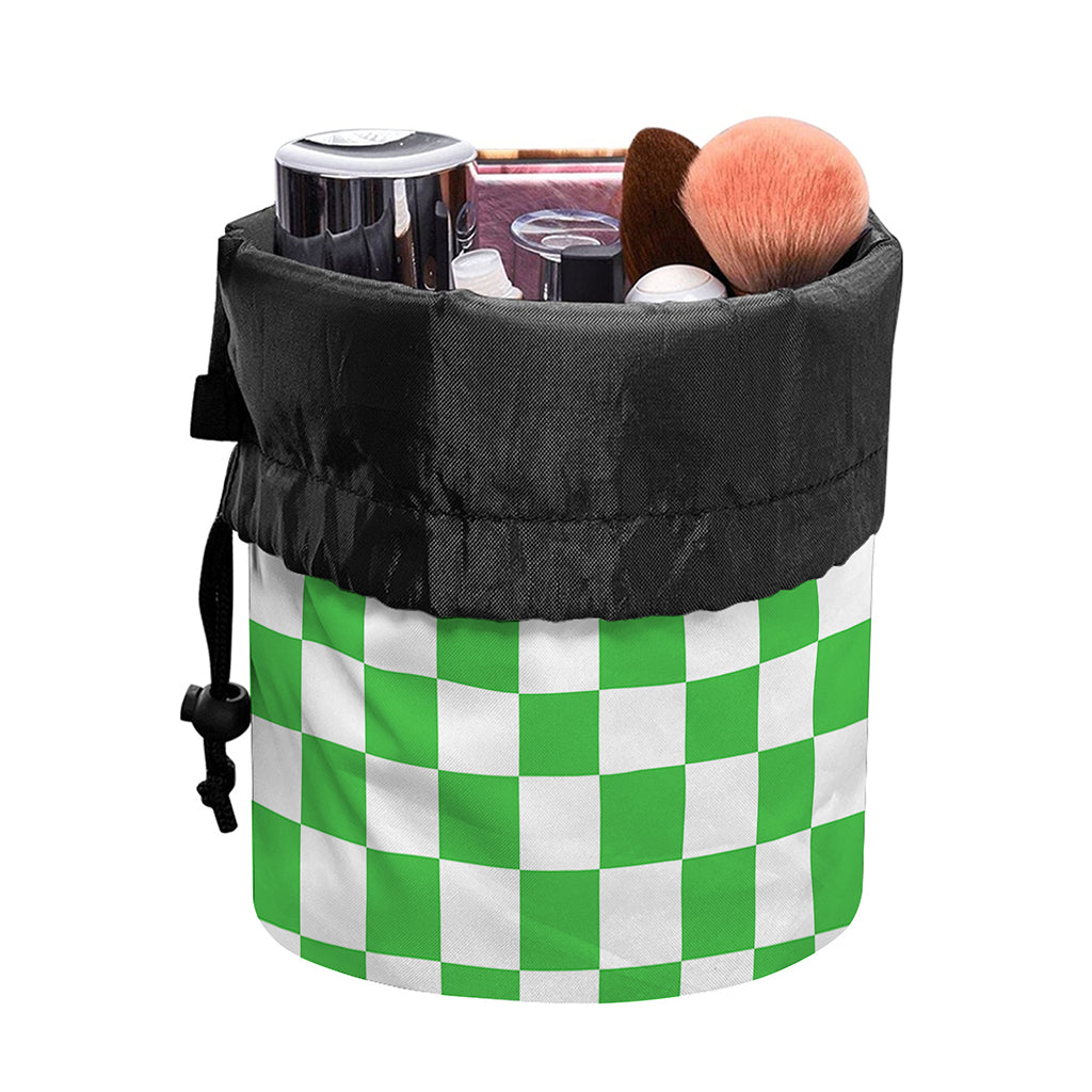 White And Green Checkered Print Drawstring Makeup Bag