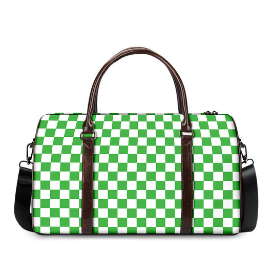 White And Green Checkered Print Duffle Bag