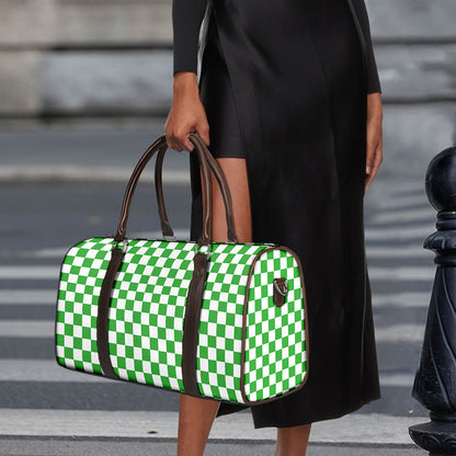 White And Green Checkered Print Duffle Bag
