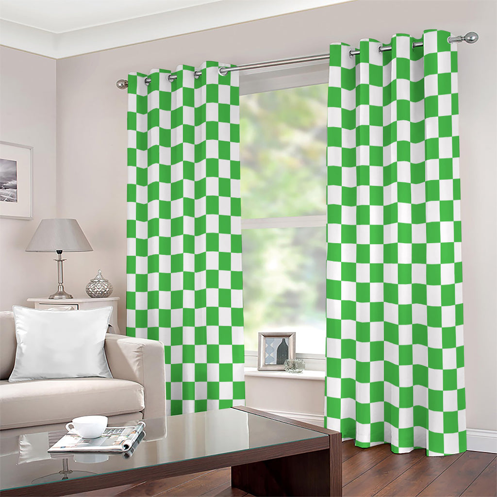 White And Green Checkered Print Extra Wide Grommet Curtains