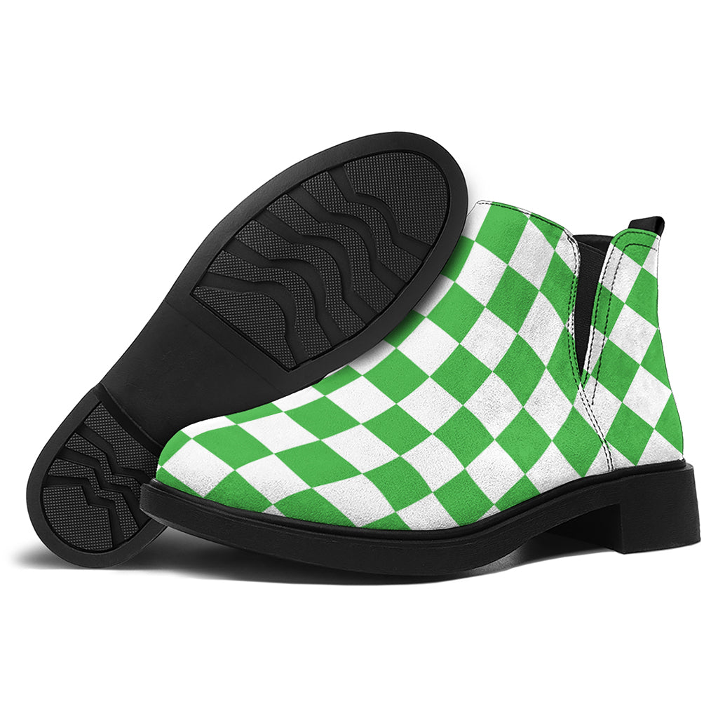 White And Green Checkered Print Flat Ankle Boots