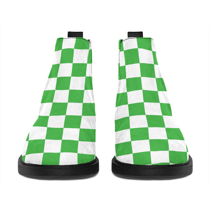 White And Green Checkered Print Flat Ankle Boots