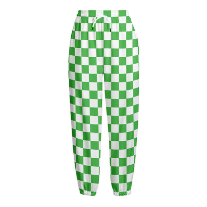 White And Green Checkered Print Fleece Lined Knit Pants