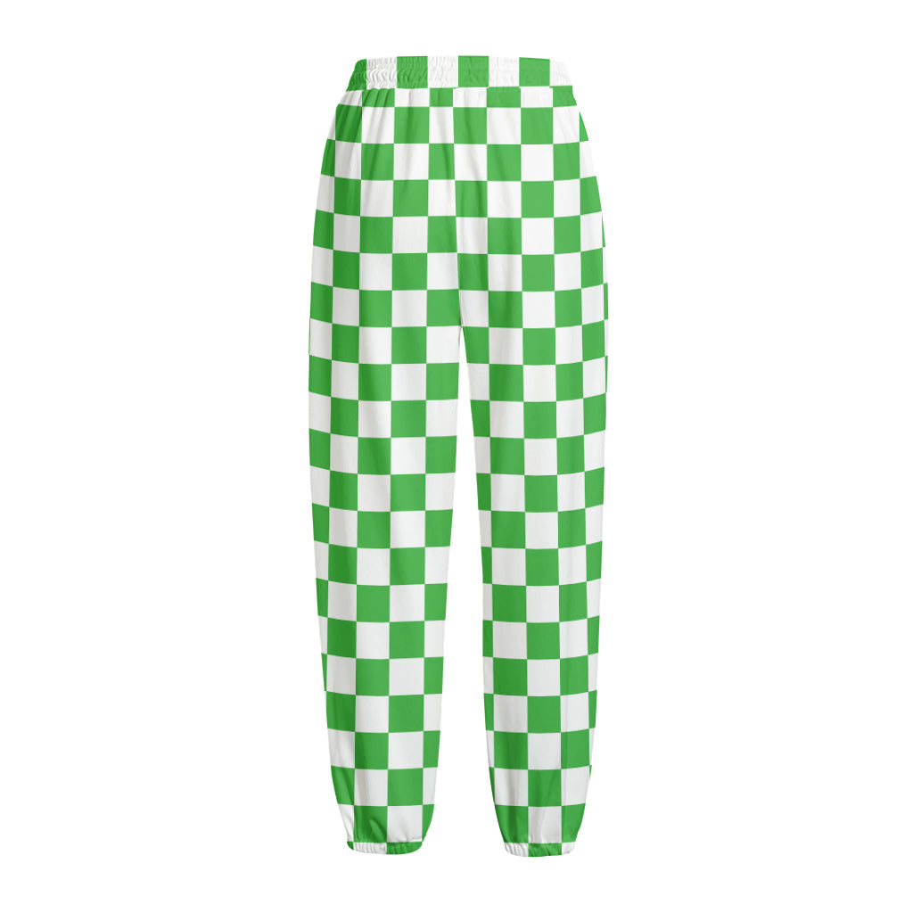 White And Green Checkered Print Fleece Lined Knit Pants