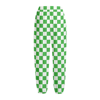 White And Green Checkered Print Fleece Lined Knit Pants