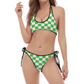White And Green Checkered Print Halter Scoop Tie Side Bikini