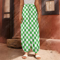 White And Green Checkered Print Harem Pants