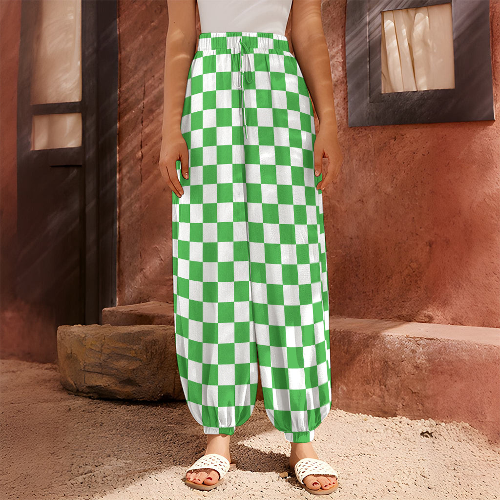 White And Green Checkered Print Harem Pants