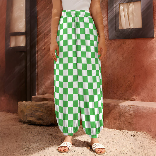 White And Green Checkered Print Harem Pants