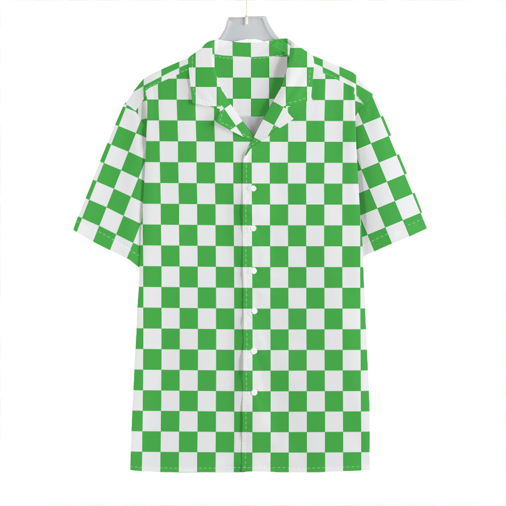 White And Green Checkered Print Hawaiian Shirt