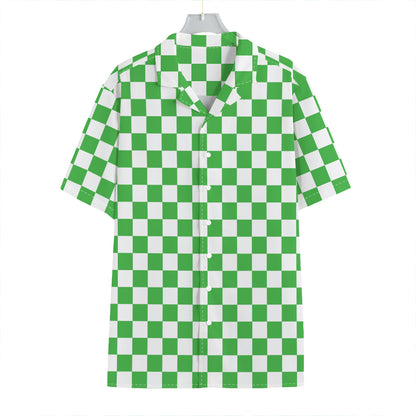 White And Green Checkered Print Hawaiian Shirt