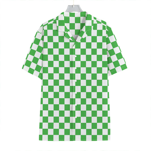 White And Green Checkered Print Hawaiian Shirt