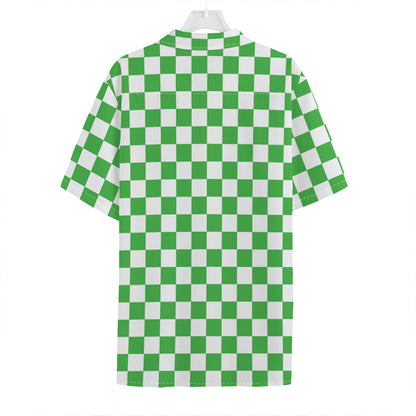 White And Green Checkered Print Hawaiian Shirt