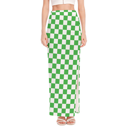 White And Green Checkered Print High Slit Maxi Skirt