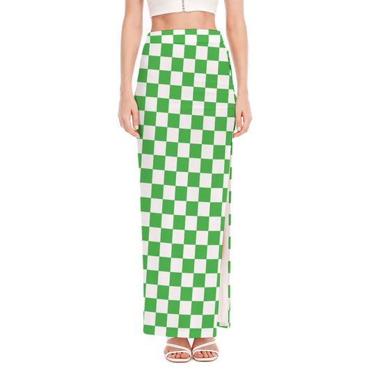 White And Green Checkered Print High Slit Maxi Skirt