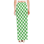 White And Green Checkered Print High Slit Maxi Skirt
