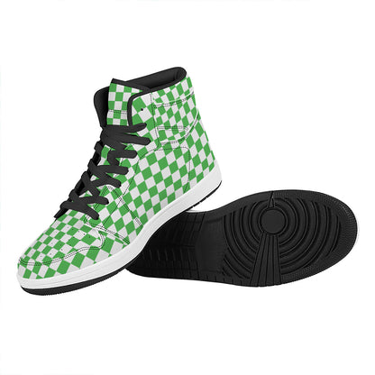 White And Green Checkered Print High Top Leather Sneakers