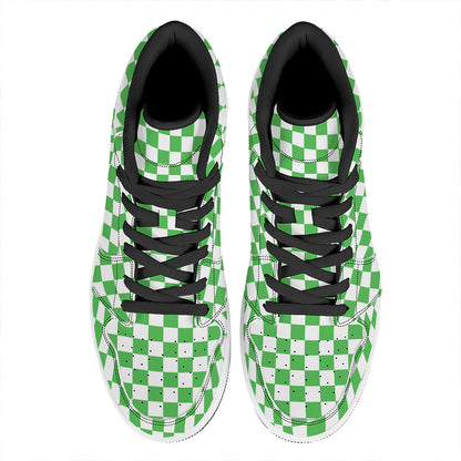 White And Green Checkered Print High Top Leather Sneakers