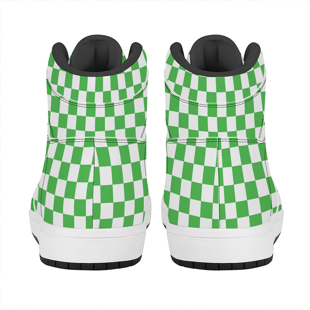 White And Green Checkered Print High Top Leather Sneakers