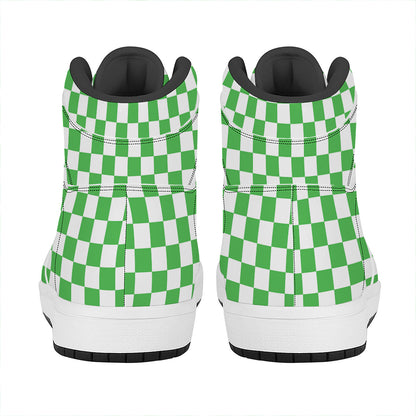 White And Green Checkered Print High Top Leather Sneakers