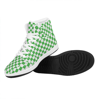 White And Green Checkered Print High Top Leather Sneakers