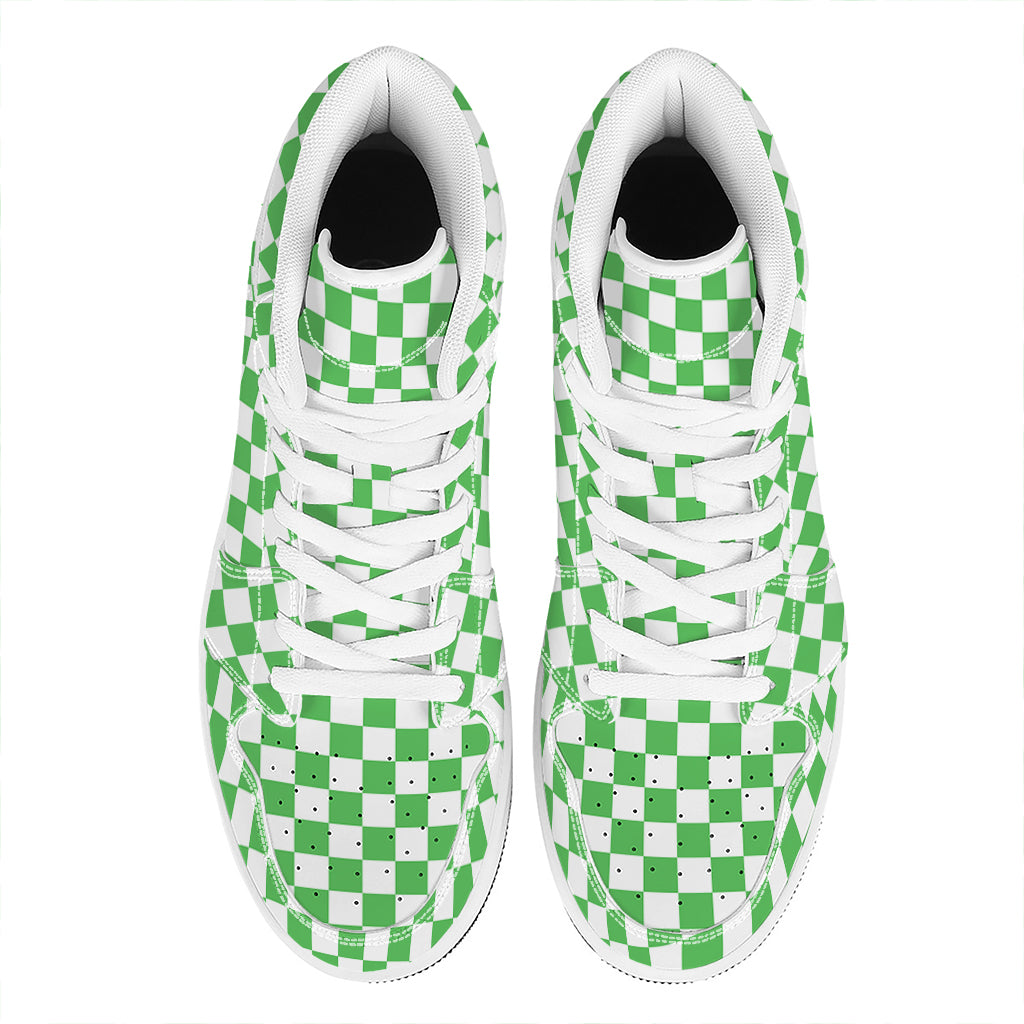White And Green Checkered Print High Top Leather Sneakers
