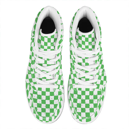 White And Green Checkered Print High Top Leather Sneakers