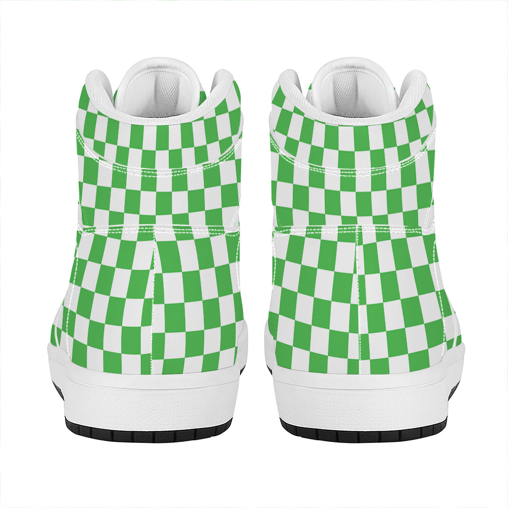 White And Green Checkered Print High Top Leather Sneakers