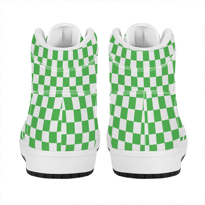 White And Green Checkered Print High Top Leather Sneakers