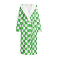 White And Green Checkered Print Hooded Bathrobe
