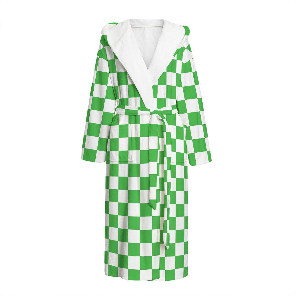 White And Green Checkered Print Hooded Bathrobe