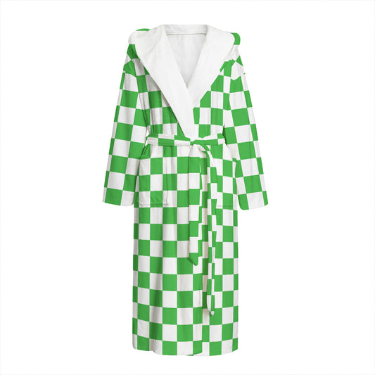 White And Green Checkered Print Hooded Bathrobe