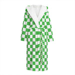White And Green Checkered Print Hooded Bathrobe