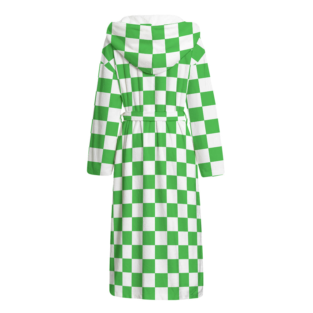 White And Green Checkered Print Hooded Bathrobe