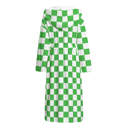 White And Green Checkered Print Hooded Bathrobe