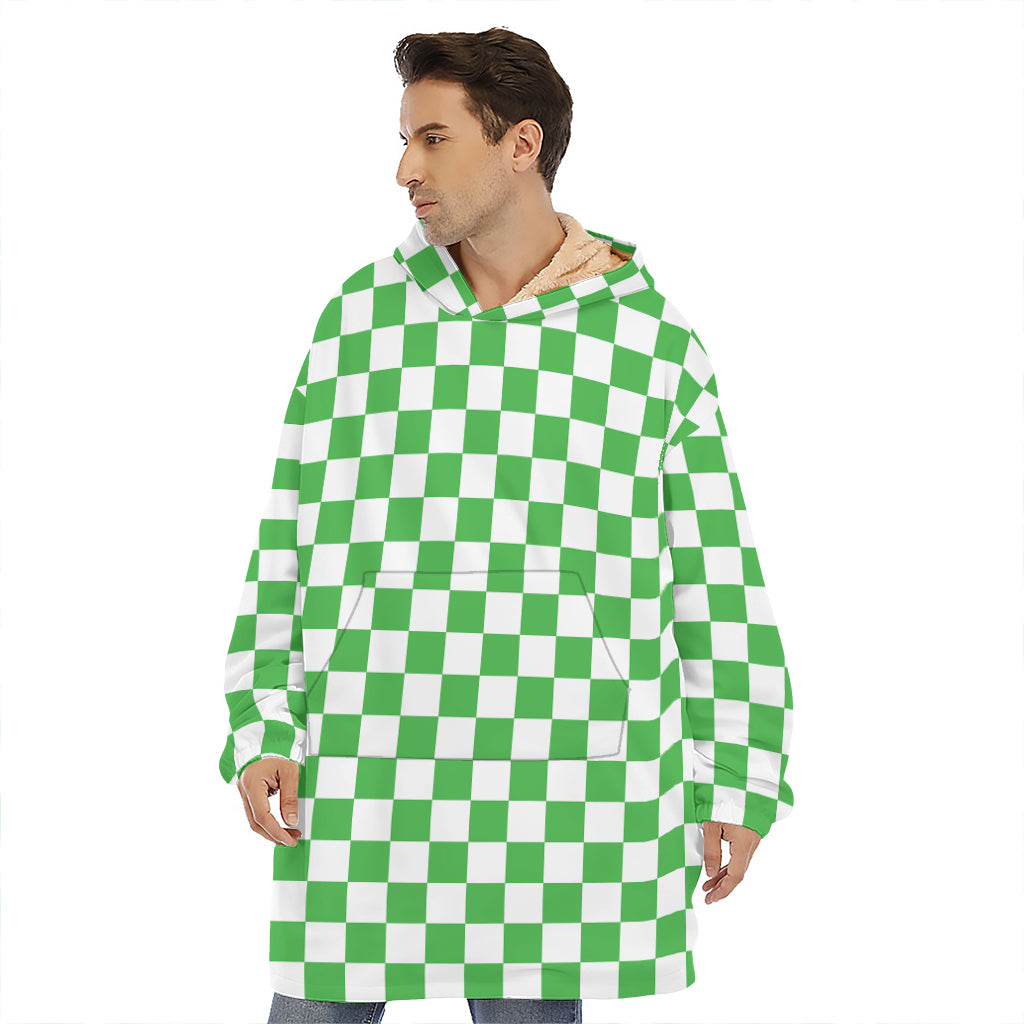 White And Green Checkered Print Hoodie Blanket