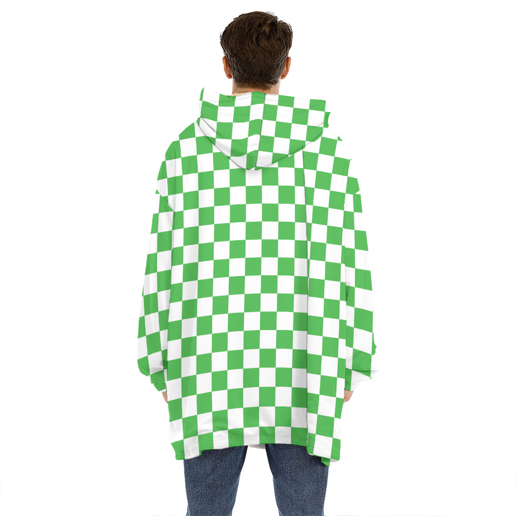 White And Green Checkered Print Hoodie Blanket