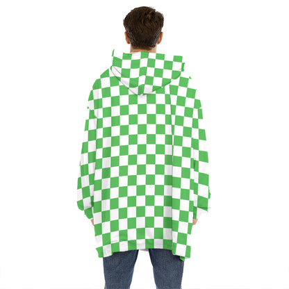 White And Green Checkered Print Hoodie Blanket