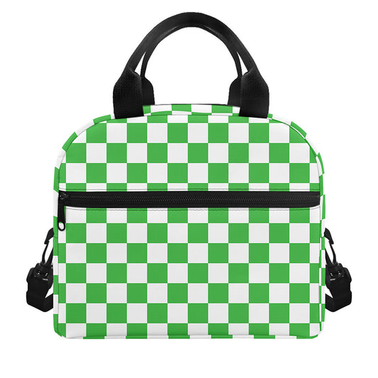 White And Green Checkered Print Insulated Lunch Bag