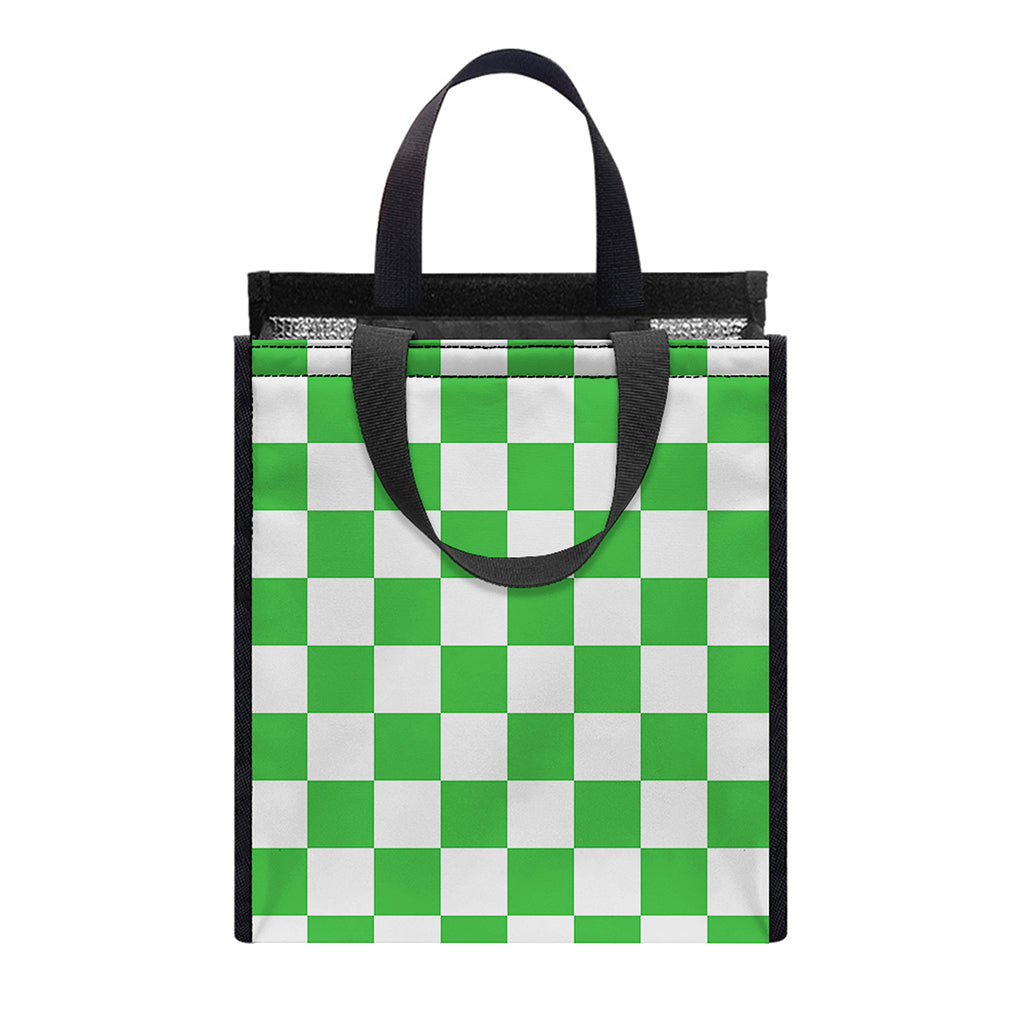 White And Green Checkered Print Insulated Lunch Tote