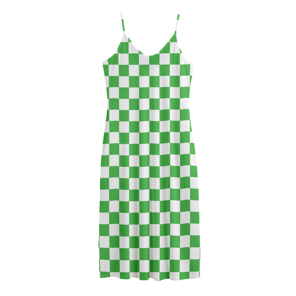 White And Green Checkered Print Jersey Midi Cami Dress