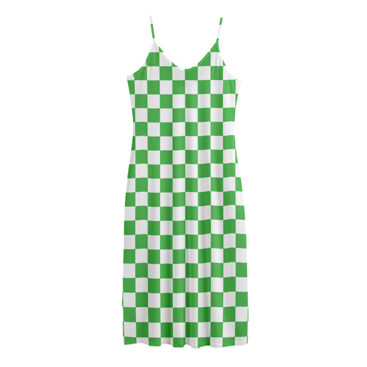 White And Green Checkered Print Jersey Midi Cami Dress