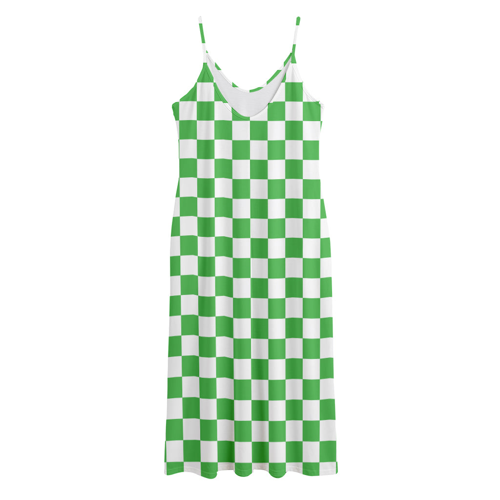 White And Green Checkered Print Jersey Midi Cami Dress