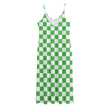 White And Green Checkered Print Jersey Midi Cami Dress