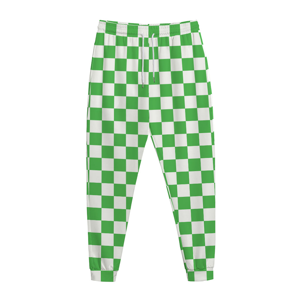 White And Green Checkered Print Jogger Pants
