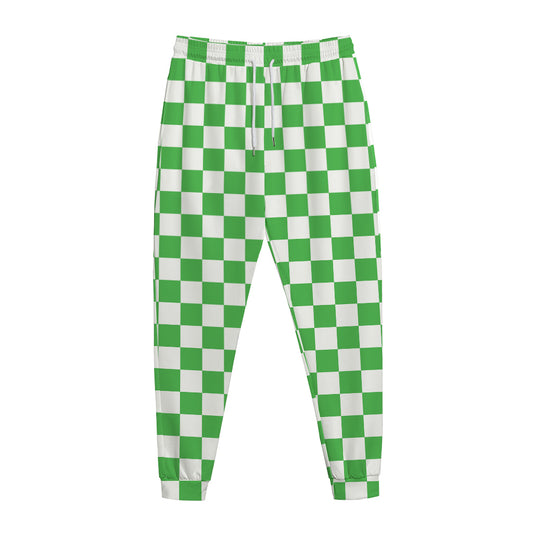 White And Green Checkered Print Jogger Pants