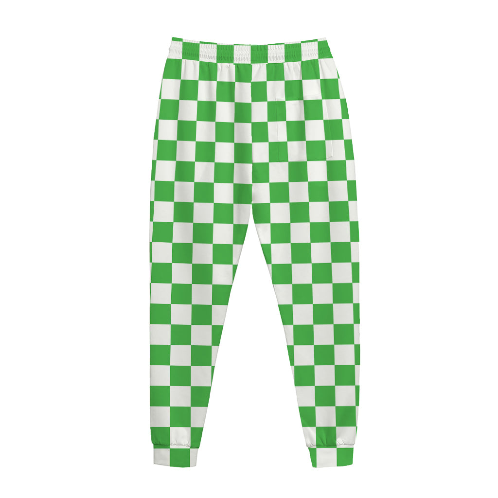 White And Green Checkered Print Jogger Pants