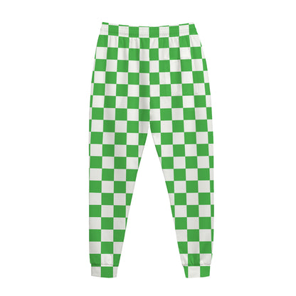 White And Green Checkered Print Jogger Pants